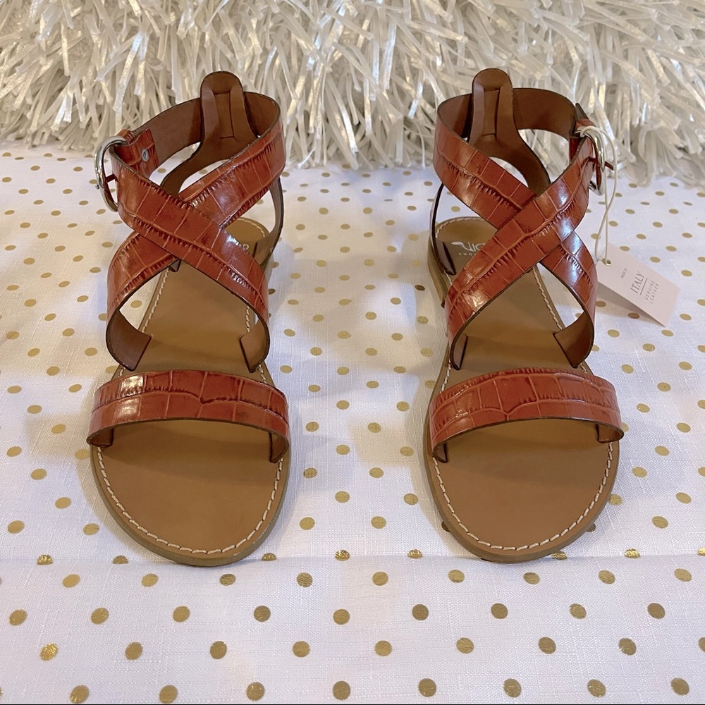 Victor Shoe Factory Croco Embossed Leather Sandals